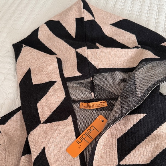 Belldini Black, Beige & Cream Long Houndstooth Hooded Cardigan M - Picture 6 of 8